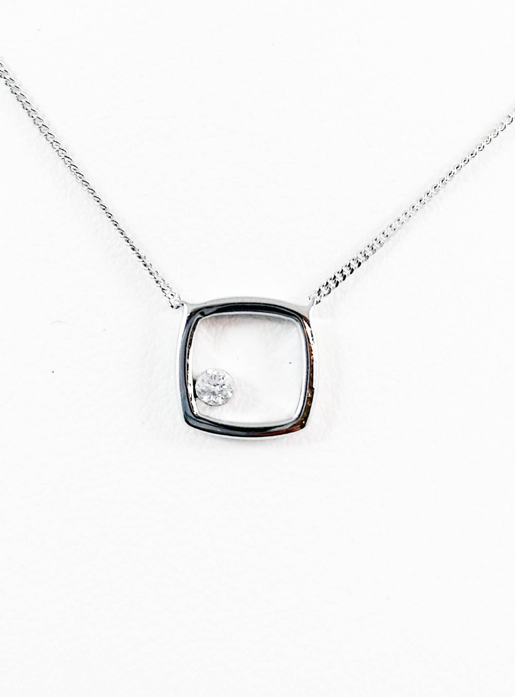 14kt White Gold and Diamond Modern Open Square Necklace