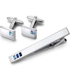 Stainless Steel Cuff Links and Tie Clips - Blue Stones