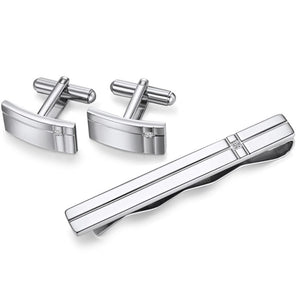 Stainless Steel Cuff Link and Tie Bar - Rectangular Lined