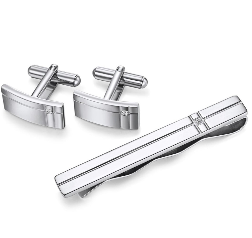 Stainless Steel Cuff Link and Tie Bar - Rectangular Lined