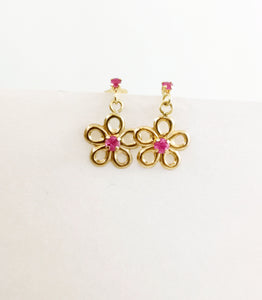 10 Karat Yellow Gold  Genuine Ruby Flower Earrings