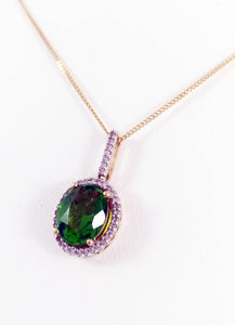 14kt Yellow Gold Genuine Green oval Diopside pendent with Cubic Zirconia Halo