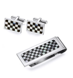 Stainless Steel Cuff Links and Money Clip - Mother of Pearl Checkers