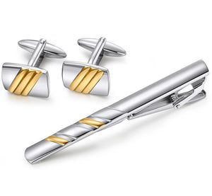 Stainless Steel Cuff Link and Tie Bars - Yellow plated Stripes