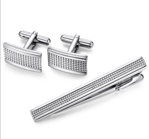 Stainless Steel Engraved Checkered Cuff Link and Tie Bar