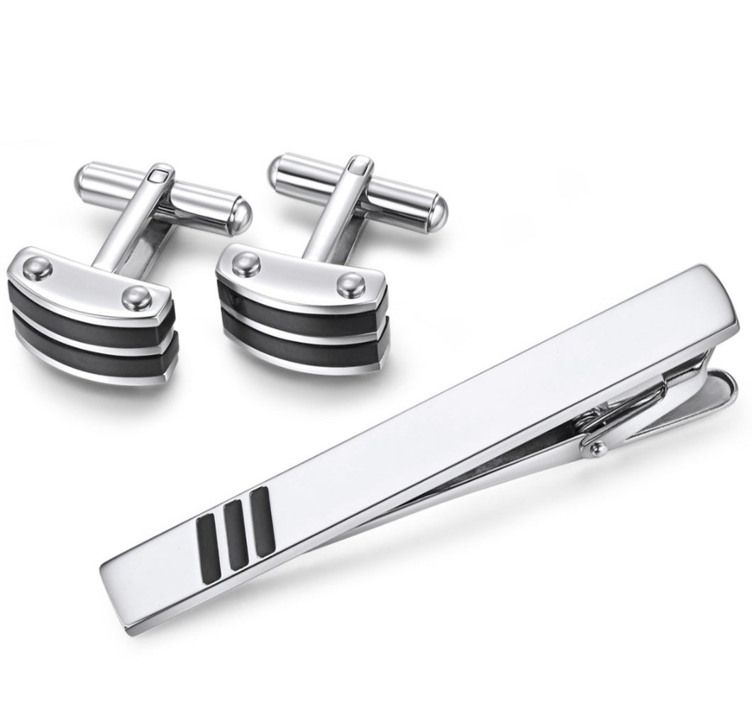 Stainless Steel Cuff Link and Tie Bar Set - Black Onyx Stripes